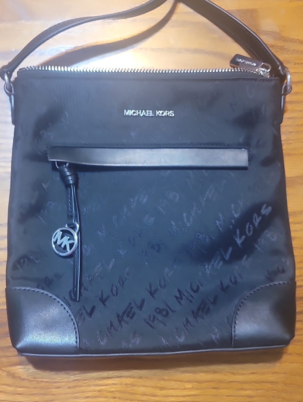 Michael Kors Black Logo-Print Crossbody Bag with Silver Accent